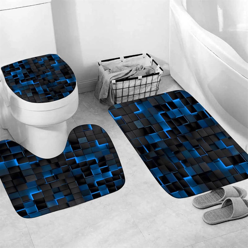 LQCOOL 4Pcs Blue Shower Curtain Set 3D Cubes Bathroom Sets Modern Shower Curtain Set for Bathroom Sets with Rugs Black and Blue Shower Curtain with 12 Hooks - Image 5